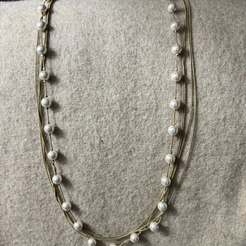 Pearl and Gold tone Necklace- long length